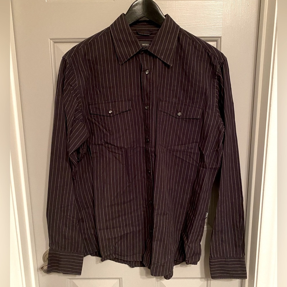 MEXX Dark Navy Cotton Pinstripe Snap Button Front Shirt with Flap Pockets SZ L